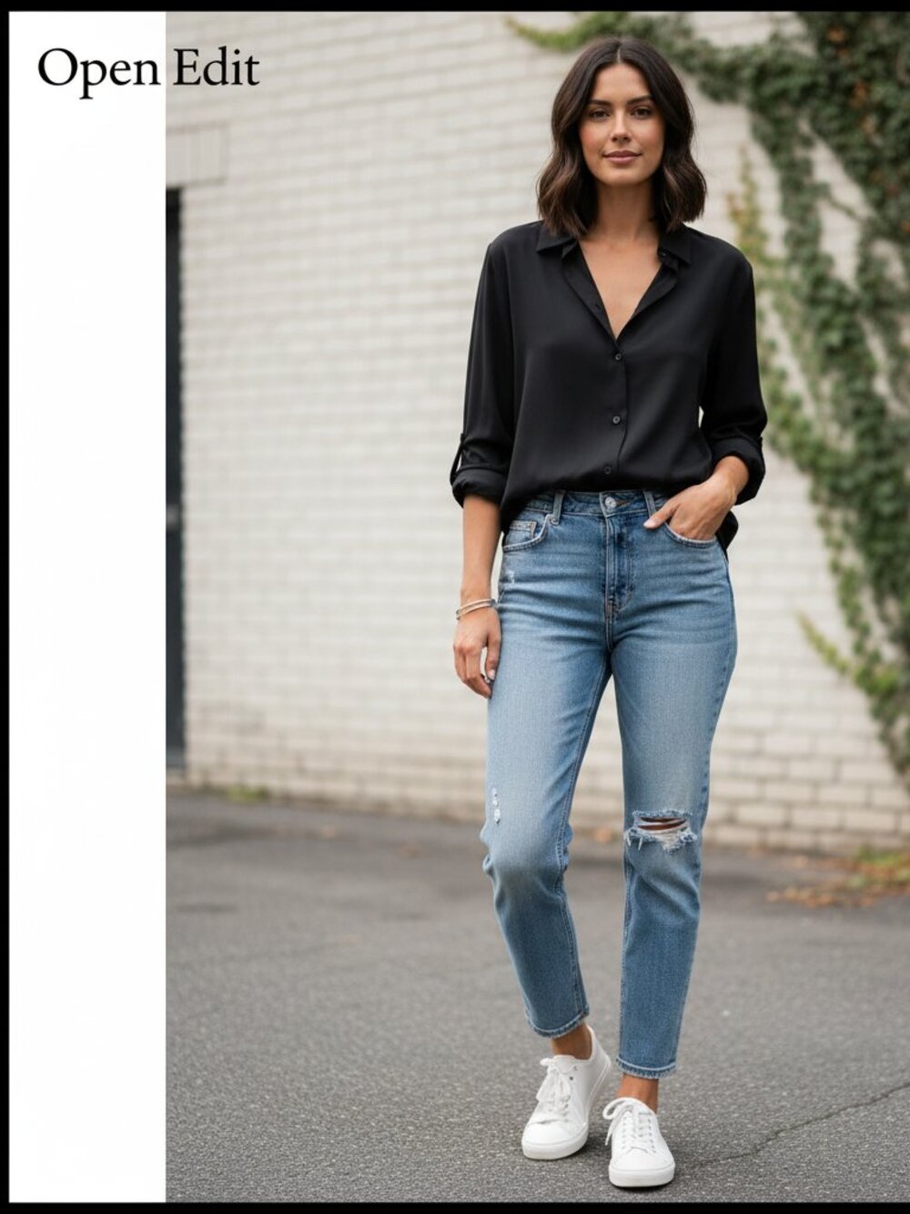 Open Edit Black Button Up Shirt M Relaxed Fit Minimalist Blouse Flaw